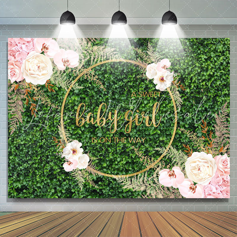 Lofaris Sweet Floral And Green Glitter Baby Shower Backdrop