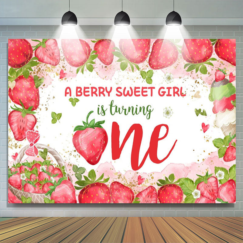 Lofaris Sweet Girl Turning One Strawberry Birthday Backdrop