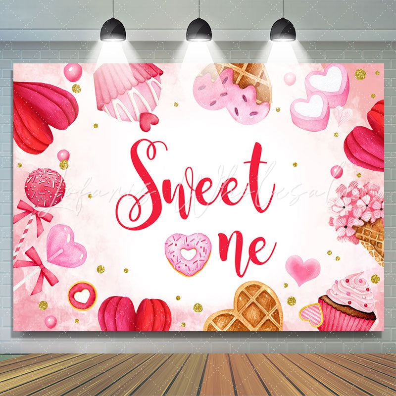 Lofaris Sweet One Dessert Heart Pink 1st Birthday Backdrop