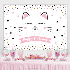 Lofaris Sweet Pink Cat With Dots Happy Birthday Backdrop