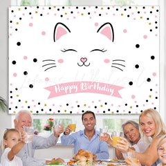 Lofaris Sweet Pink Cat With Dots Happy Birthday Backdrop