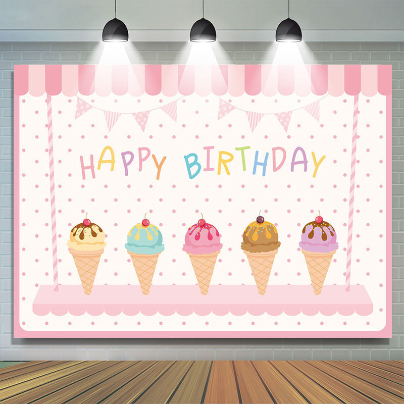 Lofaris Sweet Pink Icecream Shop Dots Happy Birthday Backdrop