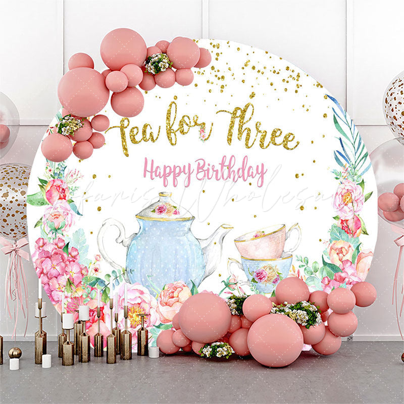 Lofaris Tea For Three Flower Round Girls Birthday Backdrop