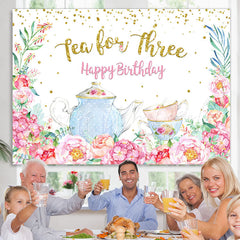 Lofaris Teapot and Floral Happy 3rd Birthday Backdrop For Girl