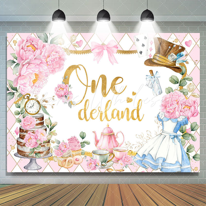 Lofaris Teatime Pink Floral Plaid 1st Girl Birthday Backdrop