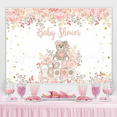 Lofaris Teddy Bear and Pink Plant Baby Shower Backdrop Girl