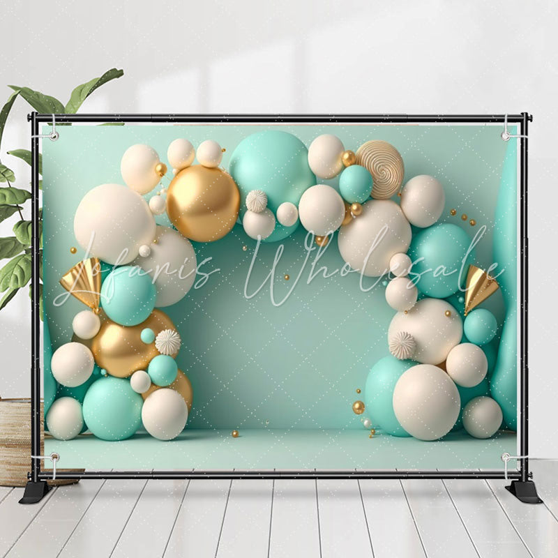 Lofaris Tiffany Blue White Golden Balloon Birthday Backdrop