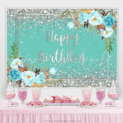 Lofaris Tiffany Bule Flowers And Silver Happy Birthday Backdrop