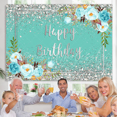 Lofaris Tiffany Bule Flowers And Silver Happy Birthday Backdrop