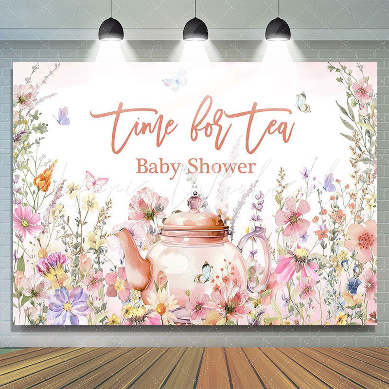 Lofaris Time For Tea Butterfly Floral Baby Shower Backdrop