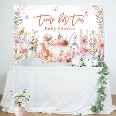 Lofaris Time For Tea Butterfly Floral Baby Shower Backdrop