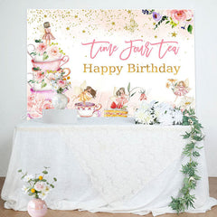 Lofaris Time Four Tea Cups Fairy Floral Birthday Backdrop