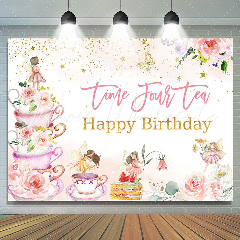 Lofaris Time Four Tea Cups Fairy Floral Birthday Backdrop