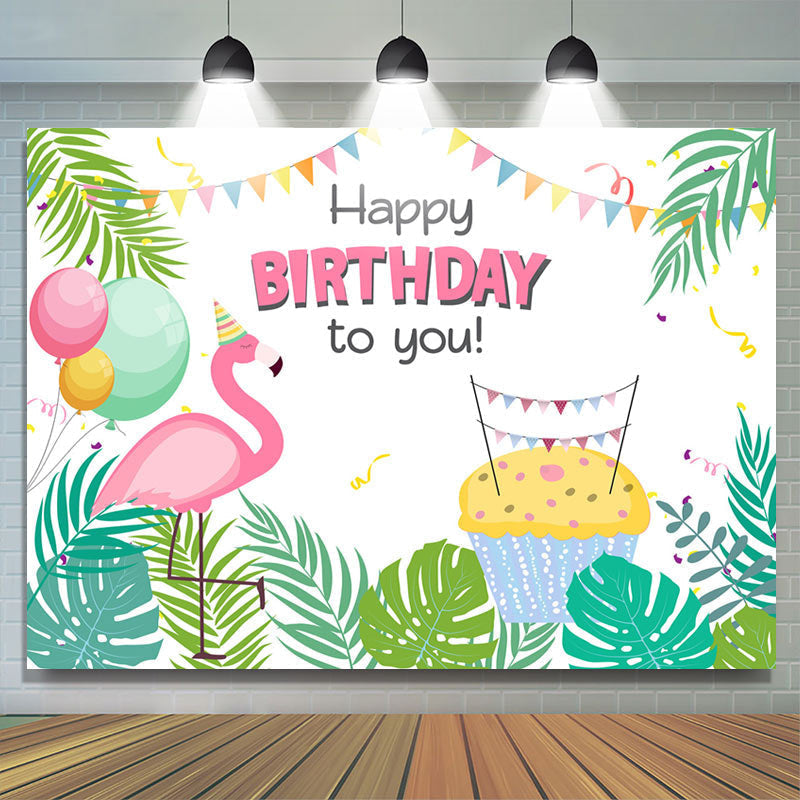 Lofaris Tropical Green Monstera Flamingo Birthday Backdrop