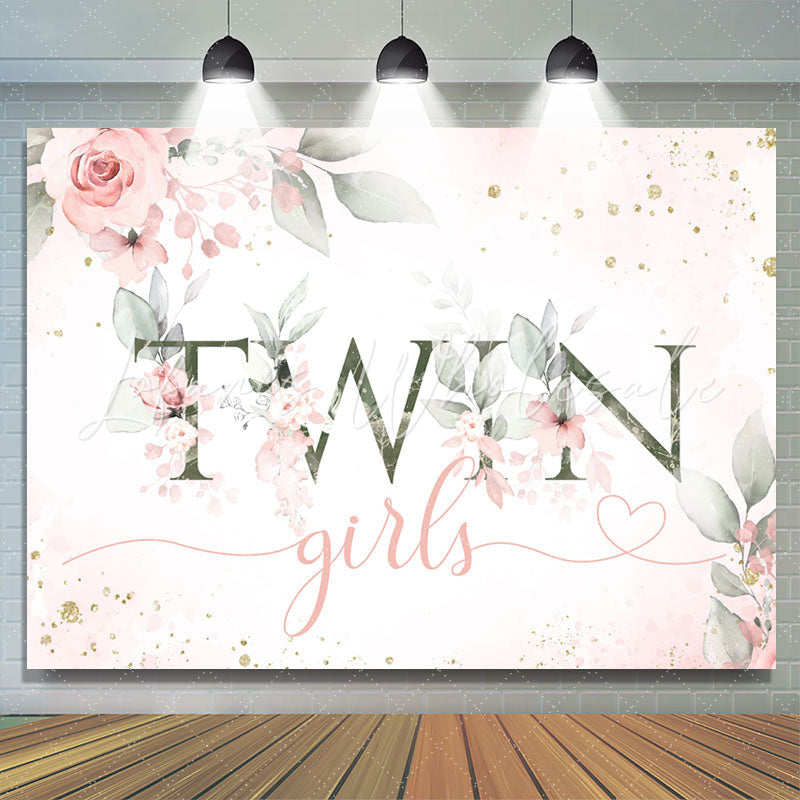 Lofaris Twin Girls Pink Floral Glitter Baby Shower Backdrop