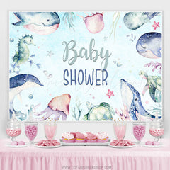 Lofaris Underwater Animals Light Blue Baby Shower Backdrop