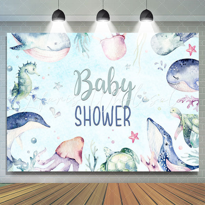 Lofaris Underwater Animals Light Blue Baby Shower Backdrop