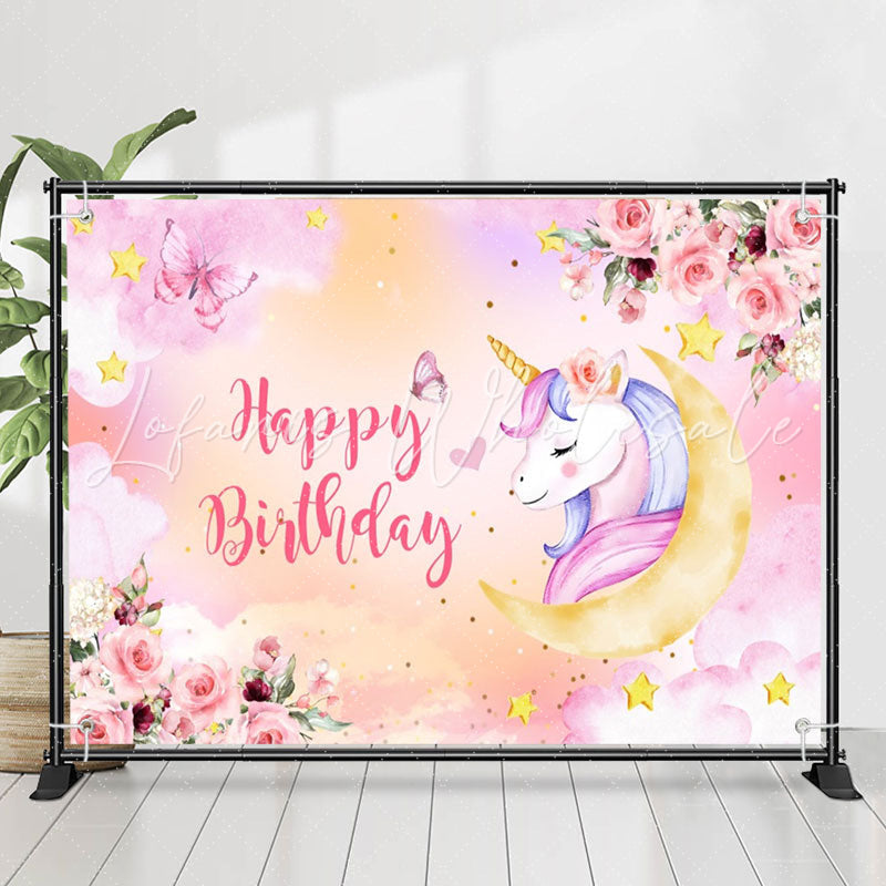 Lofaris Unicorn Pink Floral Butterfly Girl Birthday Backdrop