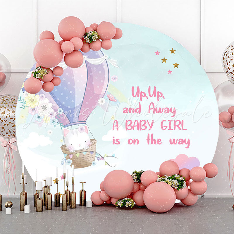 Lofaris Up And Away Balloon Cat Round Baby Shower Backdrop