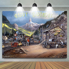 Lofaris Vintage Mountain Train Car Happy Birthday Backdrop