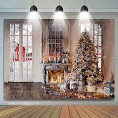 Lofaris Vintage Room Fireplace Christmas Tree Backdrop