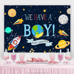 Lofaris We Have A Boy Space Rocket Theme Baby Shower Backdrop