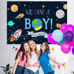 Lofaris We Have A Boy Space Theme Baby Shower Backdrop For