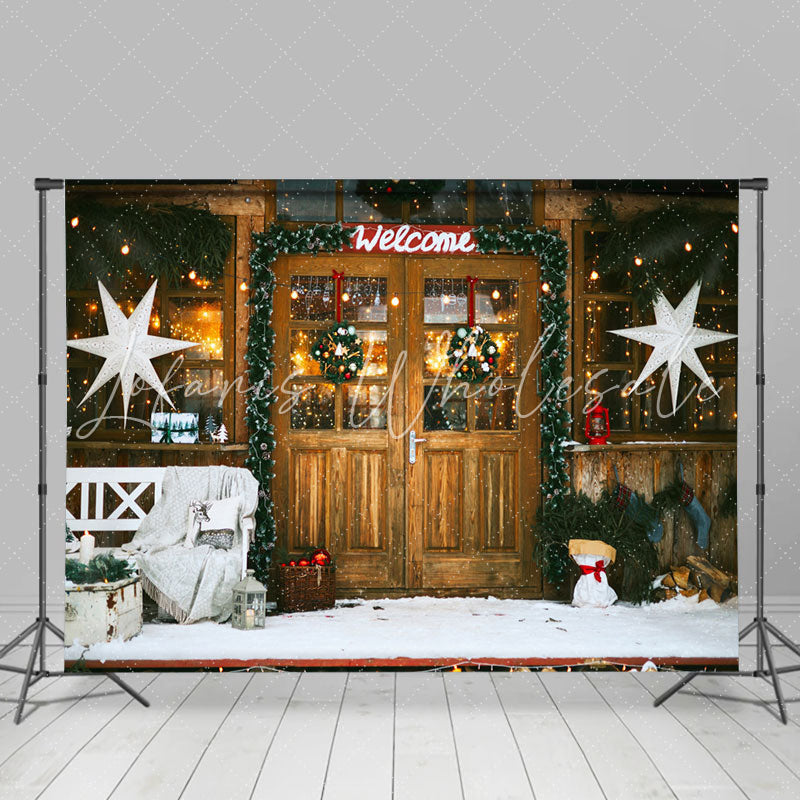 Lofaris Welcome Wooden Door Store Snowy Christmas Backdrop