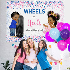 Lofaris Wheels Or Heels Pink and Blue Star Baby Shower Backdorp