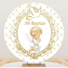 Lofaris White And Gold Mi Bautizo Round Baby Shower Backdrop