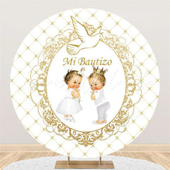 Lofaris White And Golden Themed Round Baby Shower Backdrop