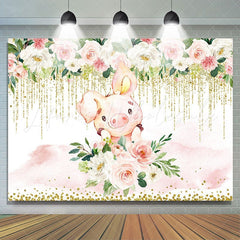 Lofaris White and pink floral cute pig baby shower backdrop