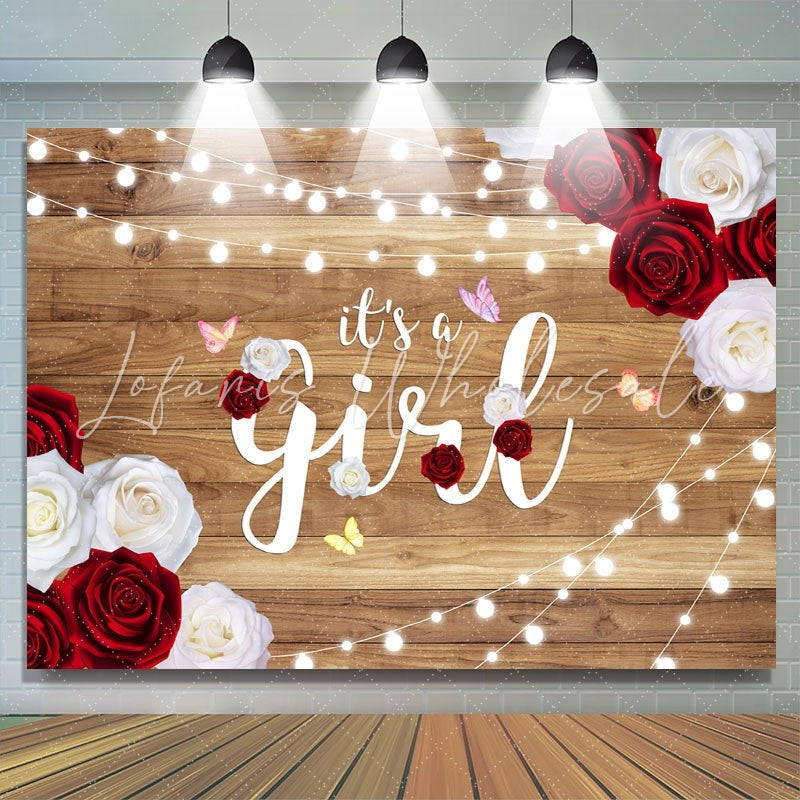 Lofaris White And Red Rose Glitter Wooden Baby Shower Backdrop