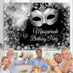 Lofaris White Black Silver Masquerade Happy Birthday Backdrop