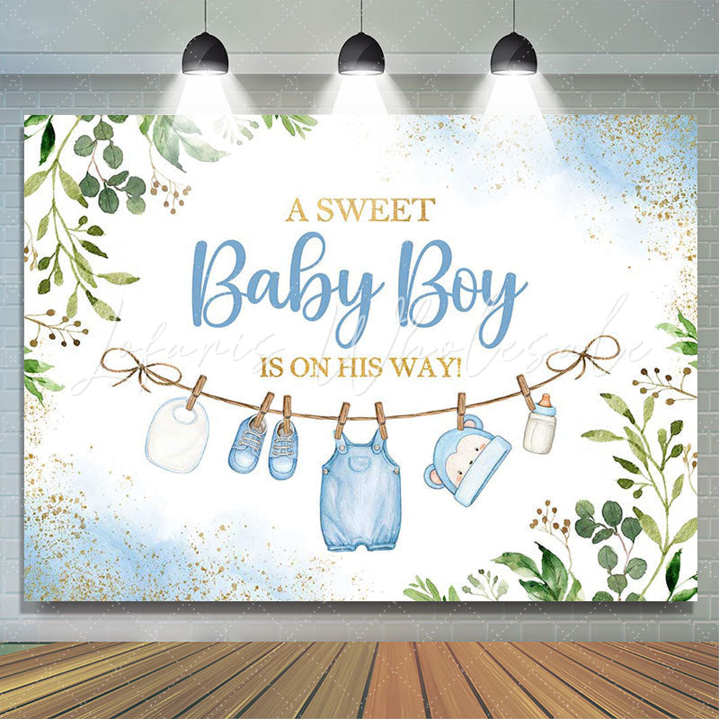 Lofaris White Blue Green Leaves Boys Baby Shower Backdrop