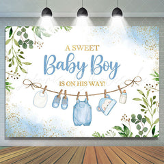 Lofaris White Blue Green Leaves Boys Baby Shower Backdrop