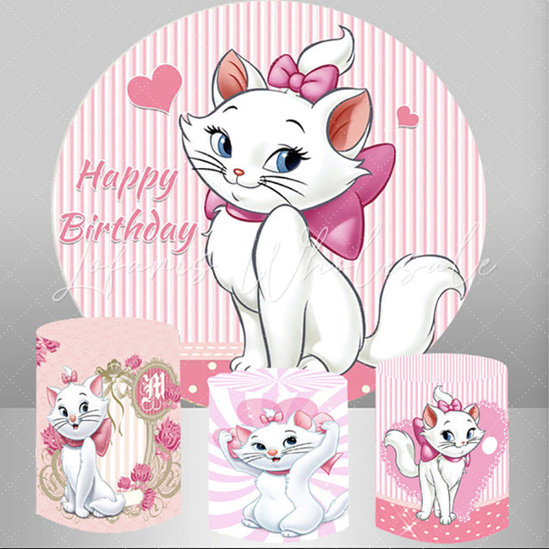 Lofaris White Cat Pink Heart Round Birthday Backdrop Kit