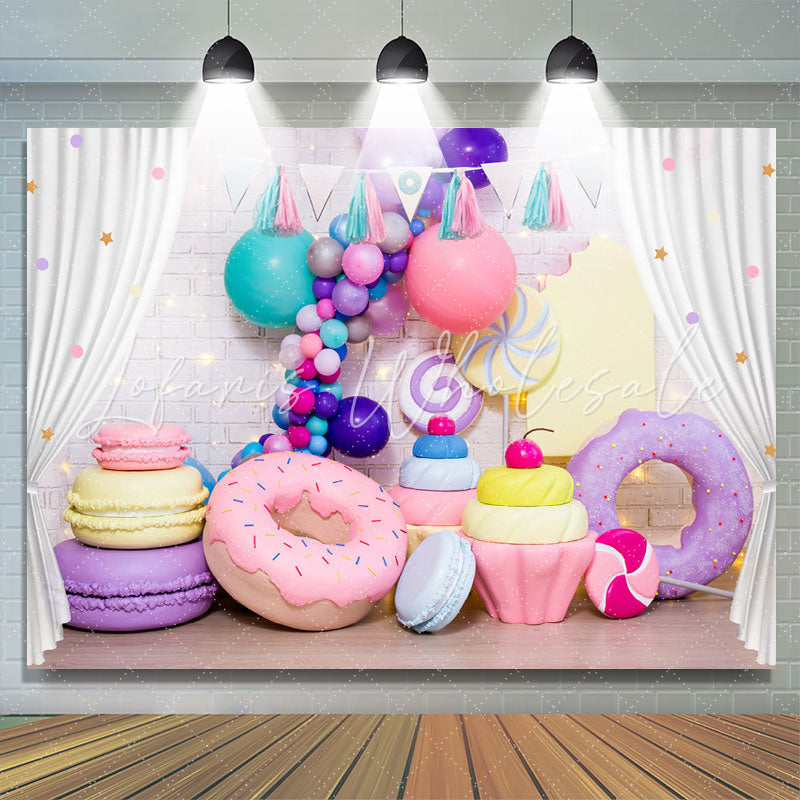 Lofaris White Curtain Color Balloon Donut Macaron Backdrop