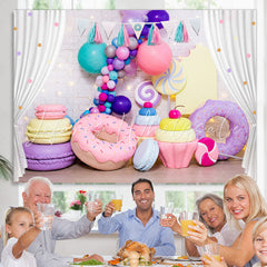 Lofaris White Curtain Color Balloon Donut Macaron Backdrop