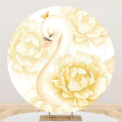 Lofaris White Floral And Swan Round Baby Shower Decro Backdrop