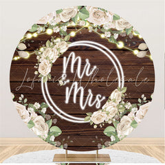 Lofaris White Floral Brown Wood Round Mr To Miss Wedding Backdrop