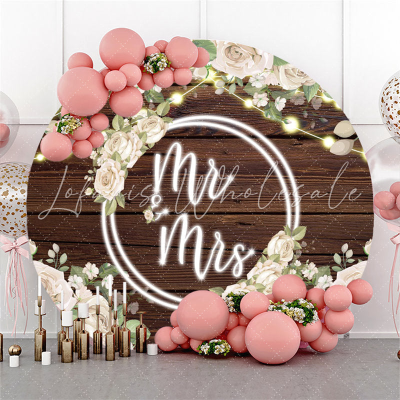 Lofaris White Floral Brown Wood Round Mr To Miss Wedding Backdrop