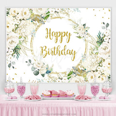 Lofaris White Floral Gold Glitter Happy Birthday Party Backdrop