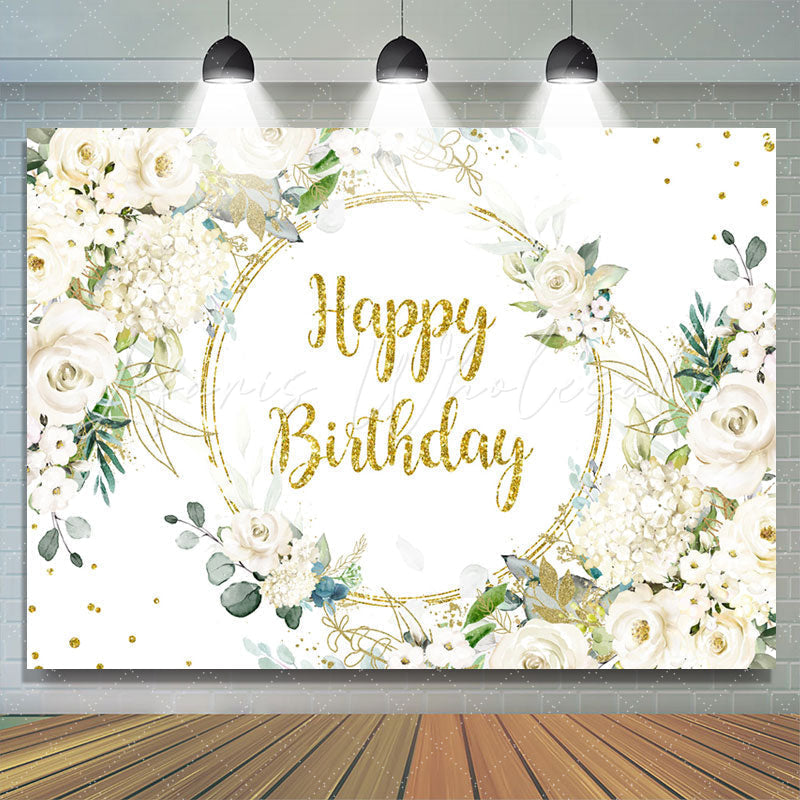 Lofaris White Floral Gold Glitter Happy Birthday Party Backdrop