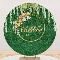 Lofaris White Floral Green Leaves Round Wedding Backdrop Banner