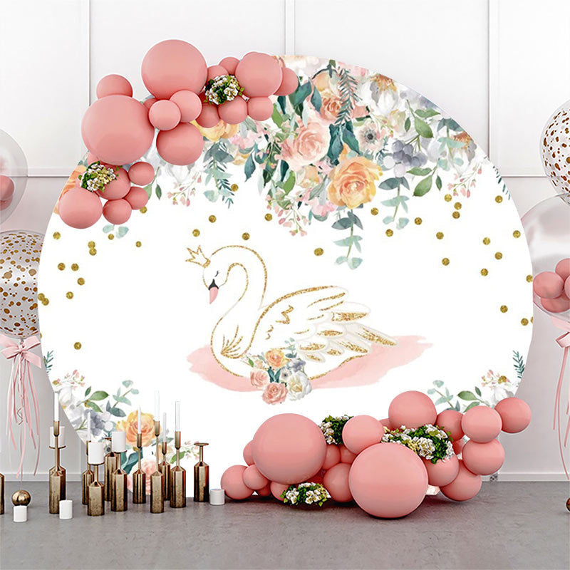 Lofaris White Gold Floral Swan Round Backdrop For Birthday