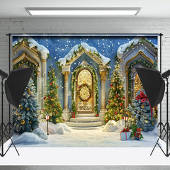 Lofaris White Gold Luxury Door Snowy Tree Christmas Backdrop