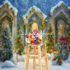 Lofaris White Gold Luxury Door Snowy Tree Christmas Backdrop