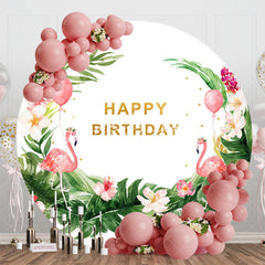 Lofaris White Green Leaf Flamingo Round Birthday Backdrop