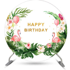 Lofaris White Green Leaf Flamingo Round Birthday Backdrop